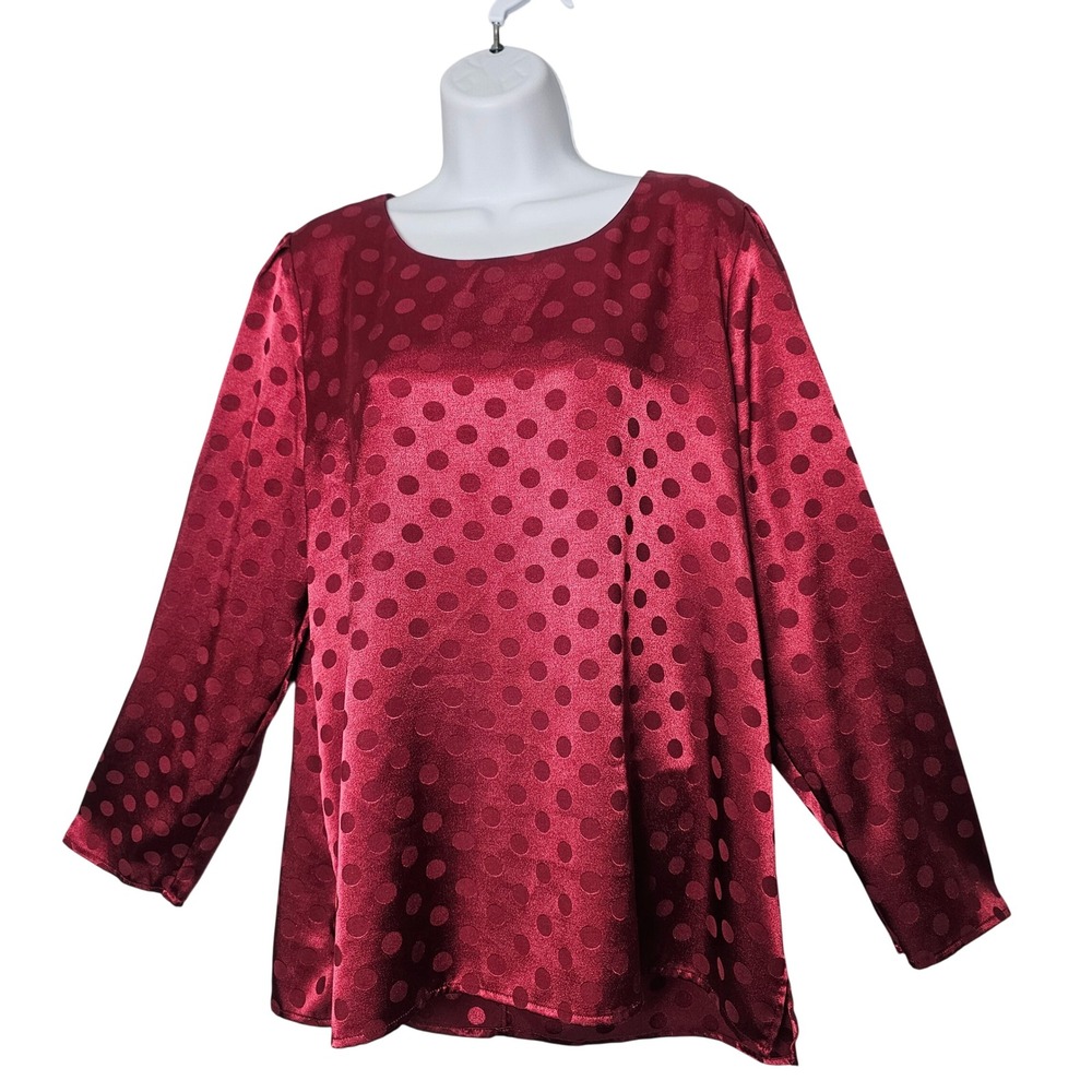 ModCloth Feelin' A Little Dotty Blouse Women XL Wine Burgandy Polka Dot Satin